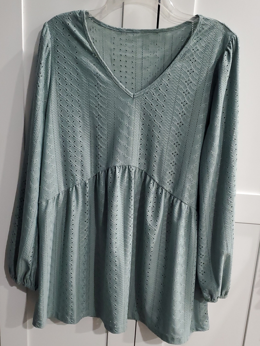 V-Neck Eyelet Peasant Tunic in Sage Green